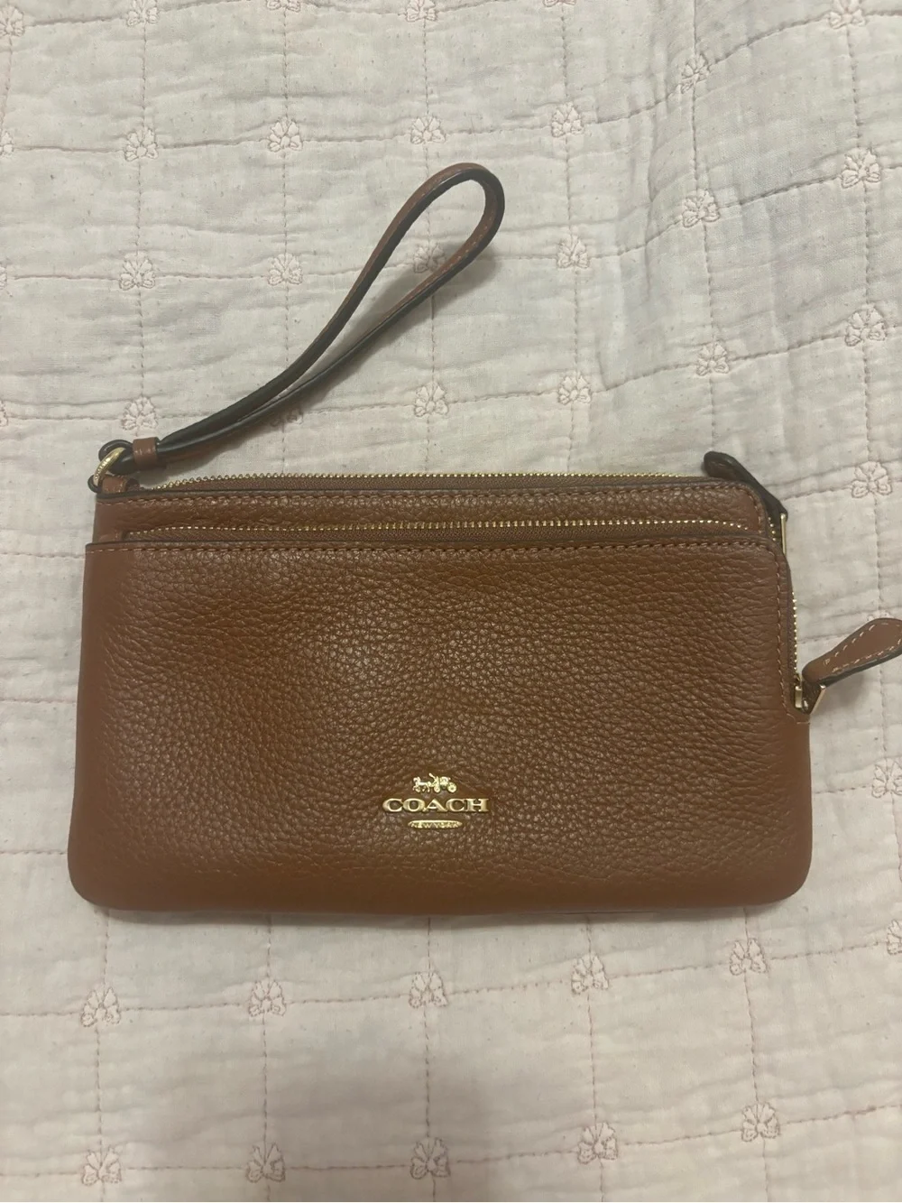 COACH Tan Pebbled Leather Zip Wristlet with Gold Logo